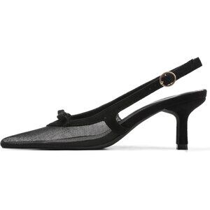 Women's Black Mesh Slingback Pointed Toe Ankle Strap Kitten Bow Heel Pumps Shoes